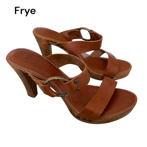Frye Sophia Ring Slip On Wooden High Heel Leather Sandals Brown US 8 M - Picture 2 of 14
